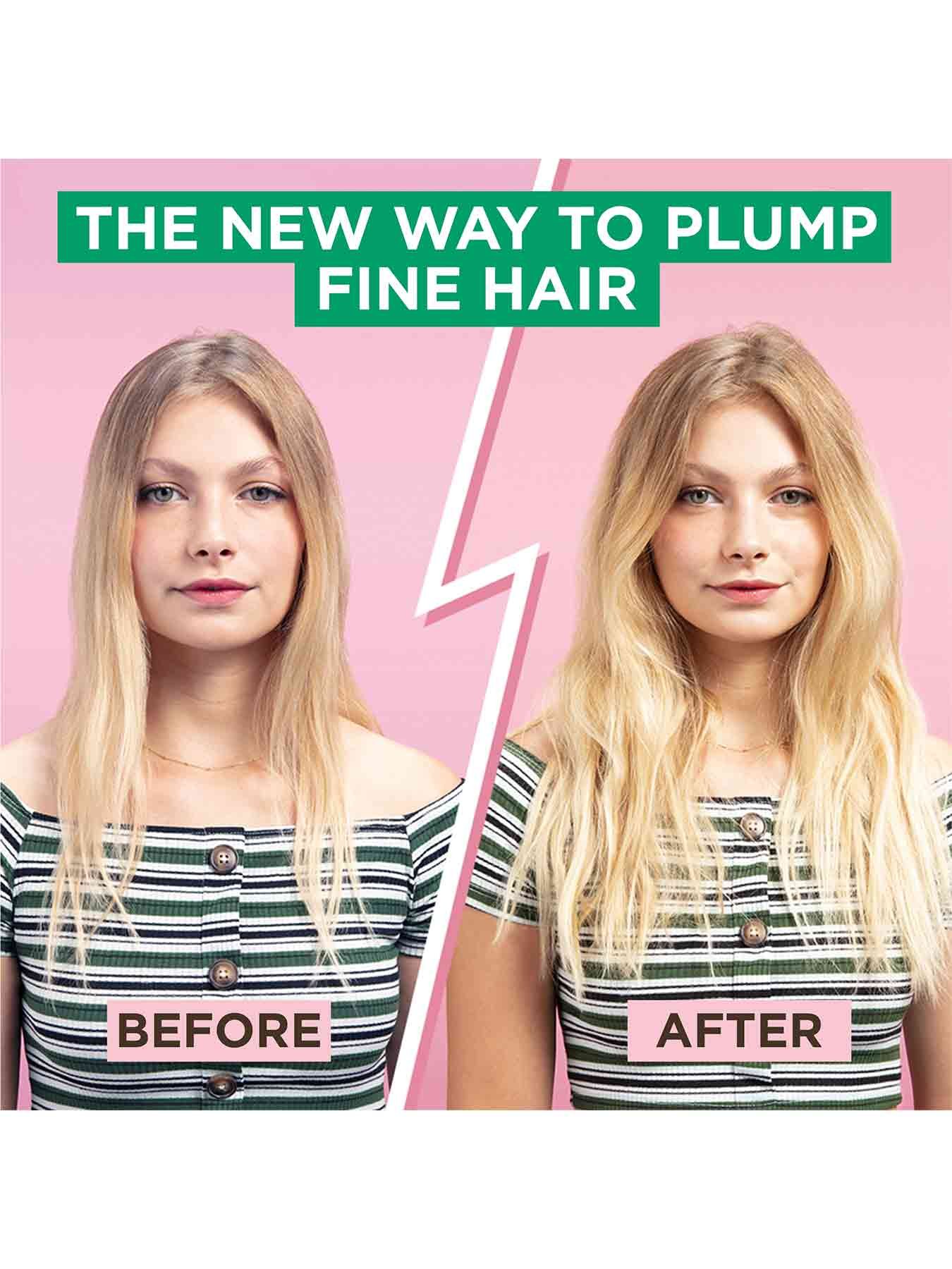 Hair Food Shampoo model showing before and after plumped hair